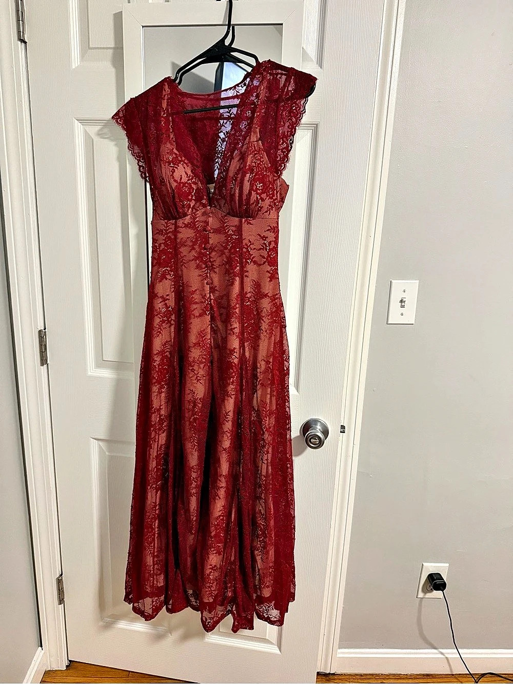 Popilush Shapewear Lace V-Neck Side Slit Slimming Maxi Slip Dress Maxi Dress Red